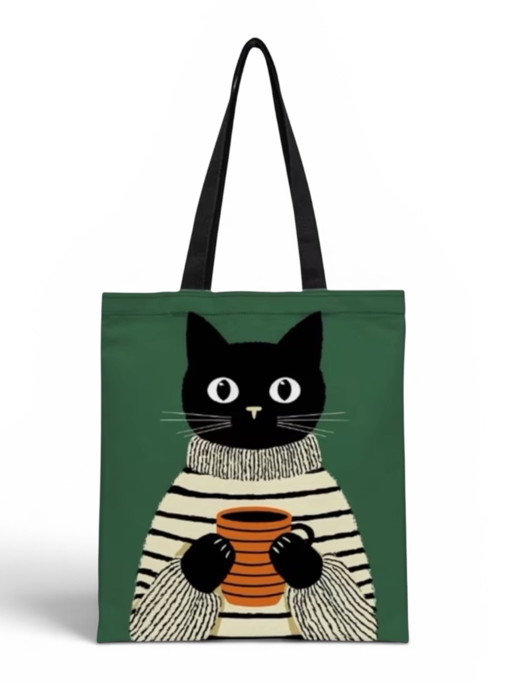 Cute Black Cat Coffee Tote Bag | Canvas Shopper | Green | 15.5” x 13”